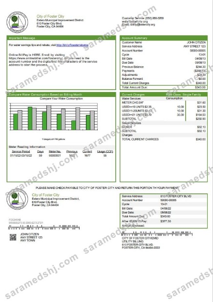 USA California City of Foster City utility bill template in Word and PDF format